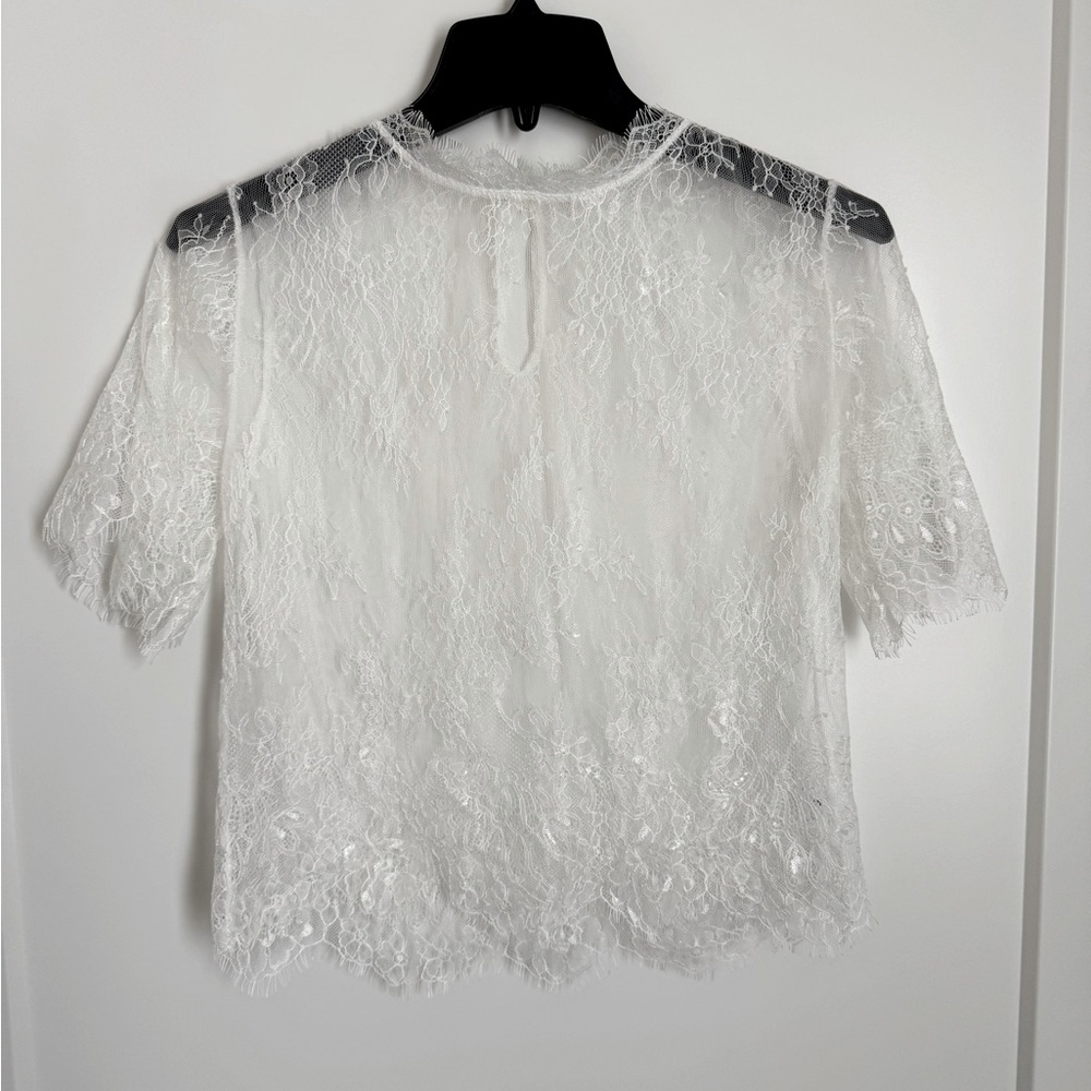 Lace High Collar Short Sleeve Top | White